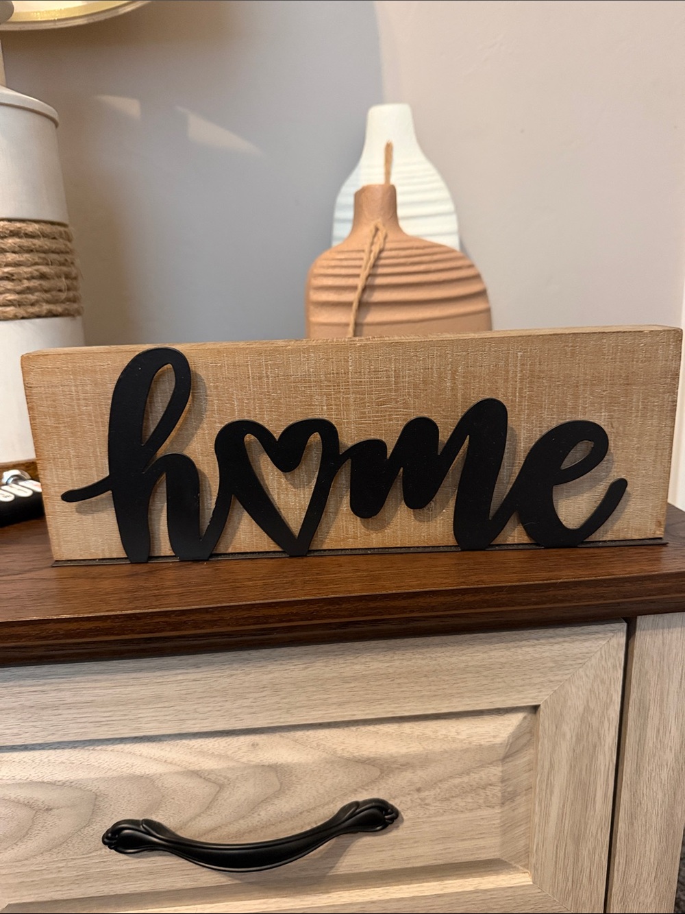 Wood "home" Block Sign with Black Metal Script